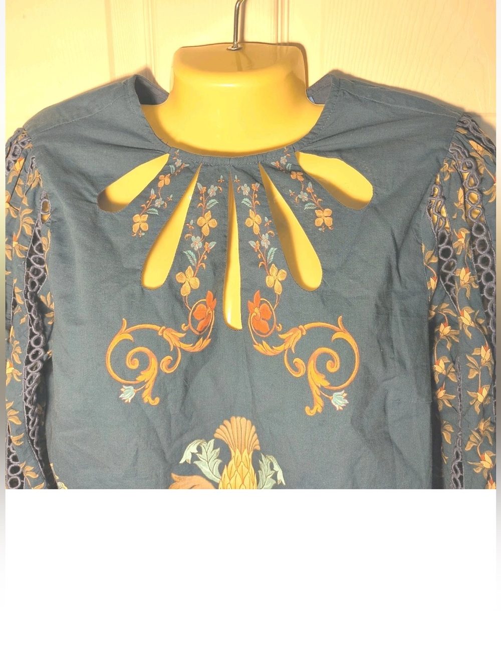 FARM RIO Multicolor Teal Floral Green Cut Out Blouse Lace Top Festive Boho SZ S - Picture 3 of 5
